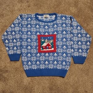 Vintage College Point Winter Blue Print Pullover Sweater Knit Womens Large